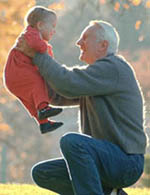 Picture of a grandfather lifting his grandson, smiling